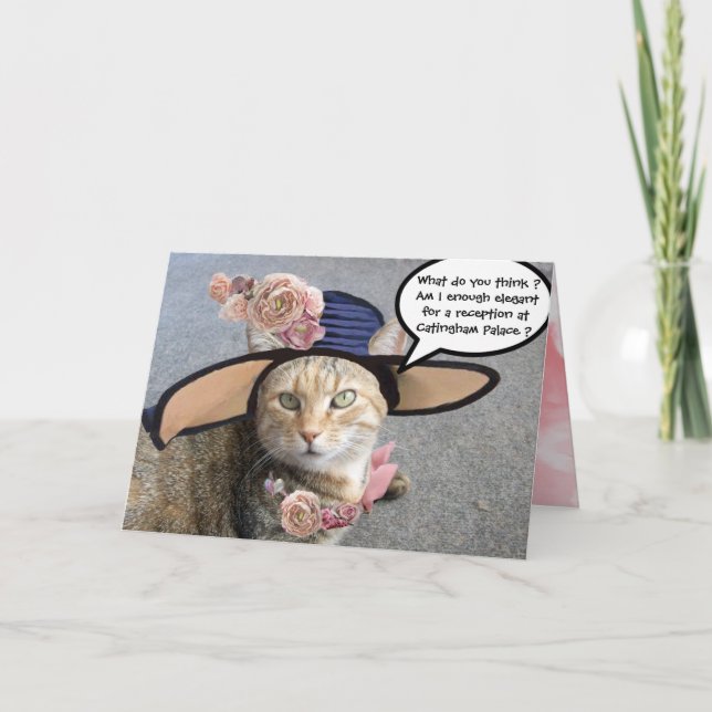 ELEGANT CAT WITH BIG DIVA HAT,PINK ROSES Valentine Holiday Card (Front)
