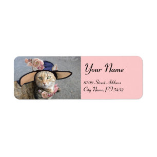 ELEGANT CAT WITH BIG DIVA HAT,PINK ROSES Valentine Label