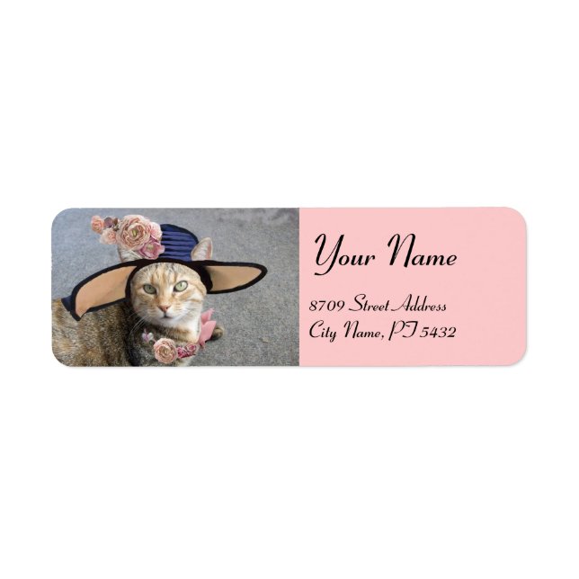 ELEGANT CAT WITH BIG DIVA HAT,PINK ROSES Valentine Label (Front)