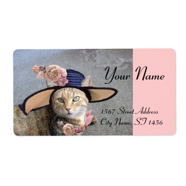 ELEGANT CAT WITH BIG DIVA HAT,PINK ROSES Valentine Label (Front)