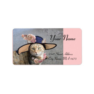 ELEGANT CAT WITH BIG DIVA HAT,PINK ROSES Valentine Label