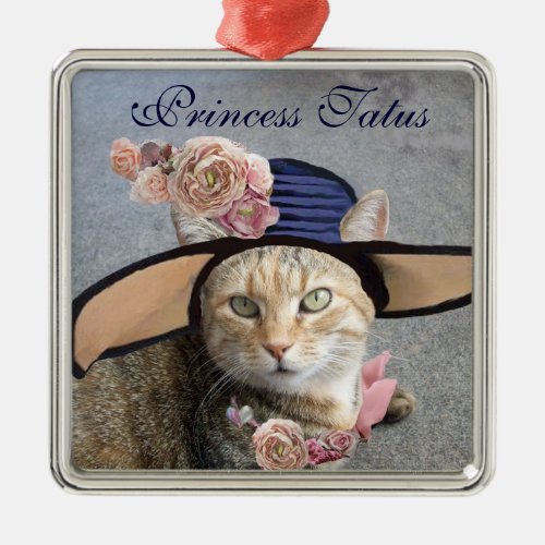 ELEGANT CAT WITH BIG DIVA HATPINK ROSES Valentine Metal Ornament