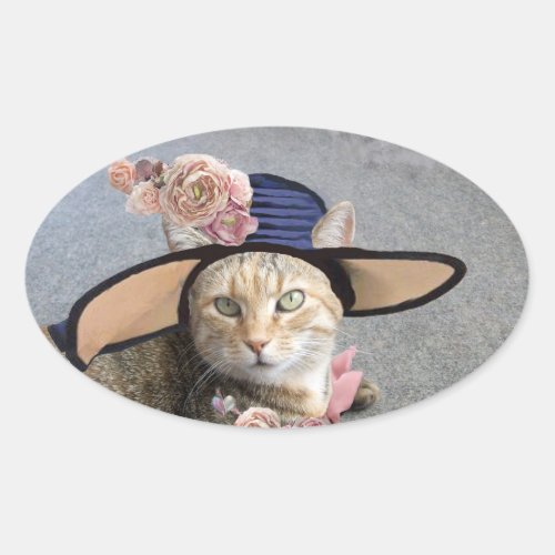 ELEGANT CAT WITH BIG DIVA HATPINK ROSES Valentine Oval Sticker