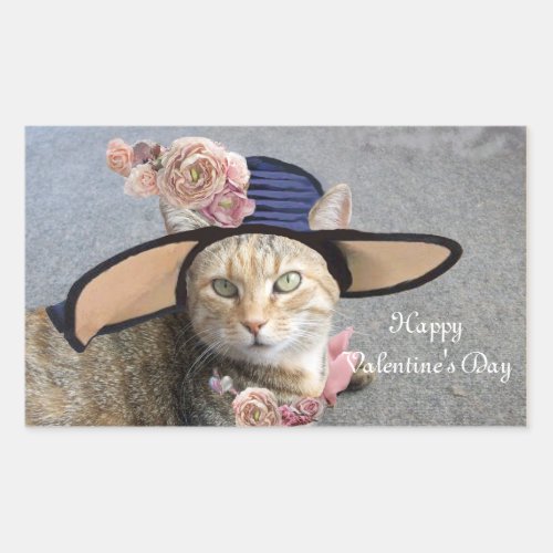 ELEGANT CAT WITH BIG DIVA HATPINK ROSES Valentine Rectangular Sticker