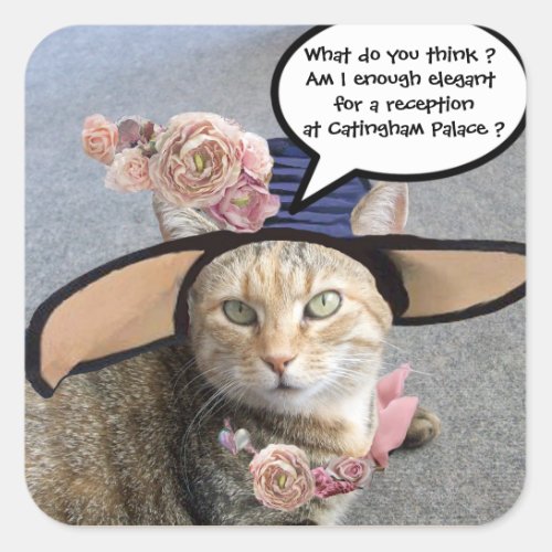 ELEGANT CAT WITH BIG DIVA HATPINK ROSES Valentine Square Sticker