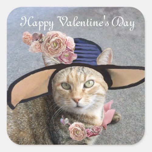 ELEGANT CAT WITH BIG DIVA HATPINK ROSES Valentine Square Sticker