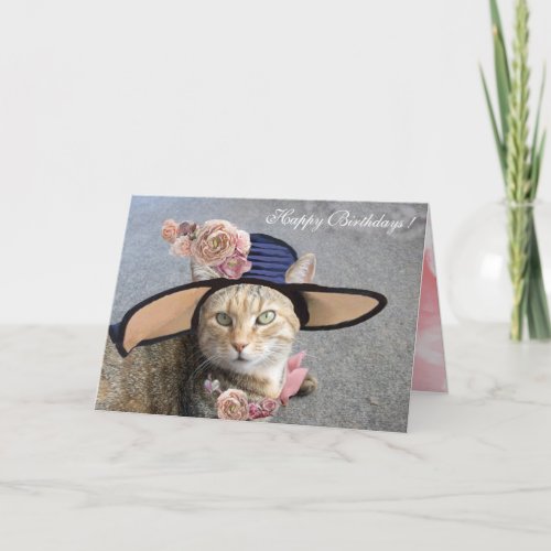 ELEGANT CAT WITH DIVA HATPINK ROSES Birthday Card