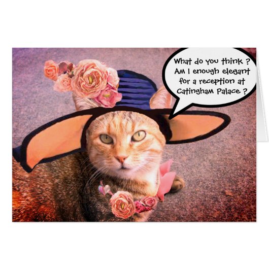 ELEGANT CAT WITH DIVA HAT,PINK ROSES CARDS (Front Horizontal)