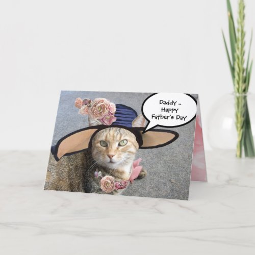 ELEGANT CAT WITH DIVA HATPINK ROSES Fathers Day Card