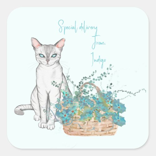 Elegant Cat with Flower Basket Stickers or Labels