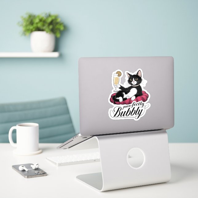 Elegant Cat with French 75 Cocktail – Classy & Sas Sticker (Laptop On Desk)