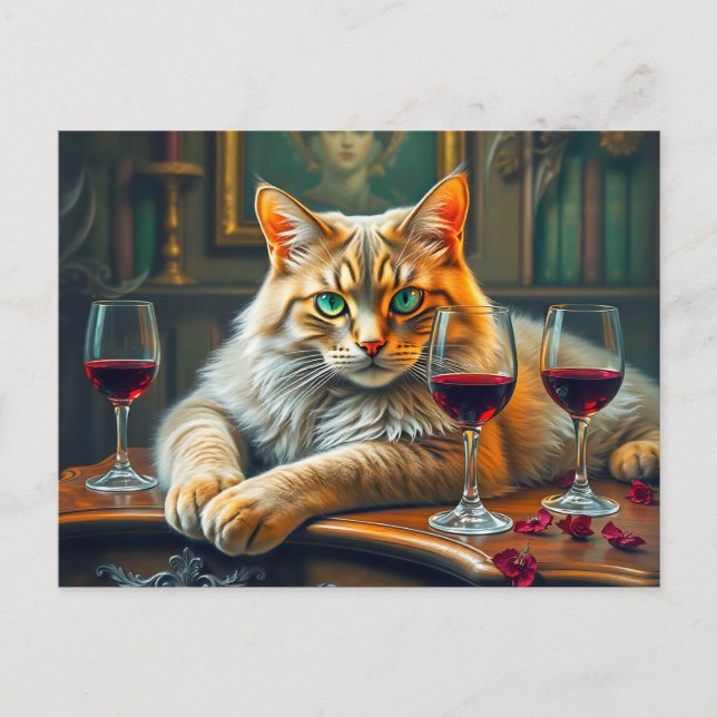 Elegant Cat with Red Wine Glasses Postcard (Front)