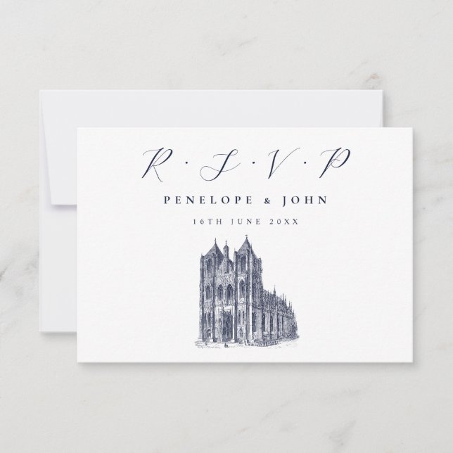 Elegant Cathedral Illustration White Wedding RSVP Card (Front)