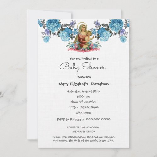 Elegant Catholic Baby Shower Blue Invitation