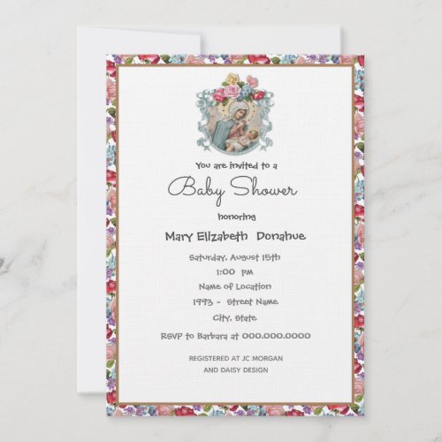 Elegant Catholic Baby Shower Floral Invitation