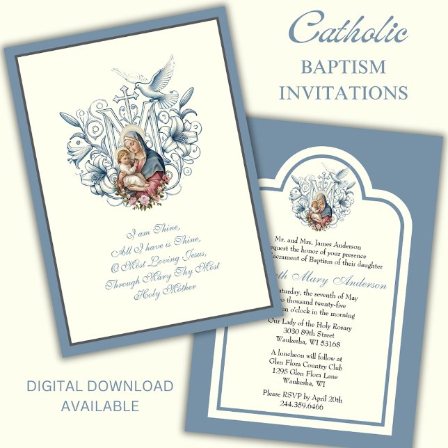 Elegant Catholic Baptism Mary Jesus Blue Invitation (Creator Uploaded)