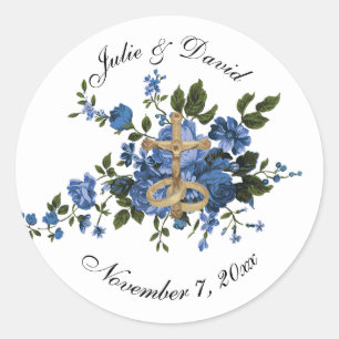 Elegant Catholic Blue Roses Wedding Label