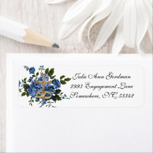 Elegant Catholic Blue Roses Wedding Label