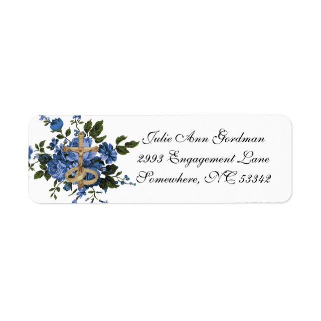 Elegant Catholic Blue Roses Wedding Label (Front)