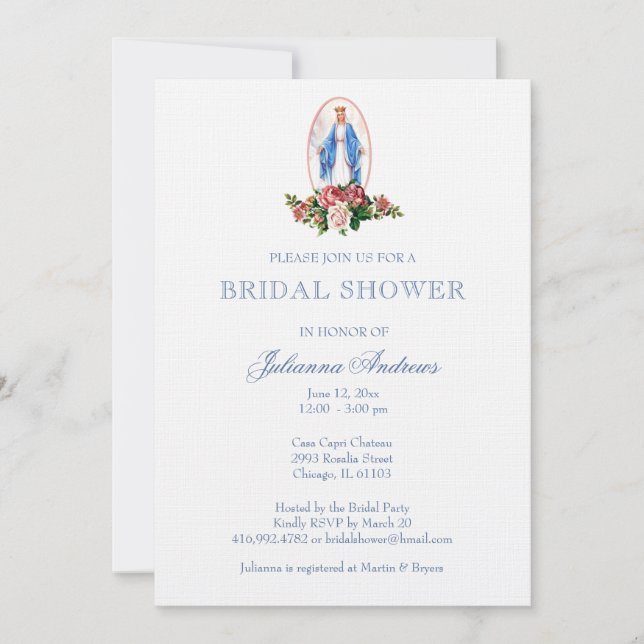 Elegant Catholic Bridal Shower Blue Invitation (Front)
