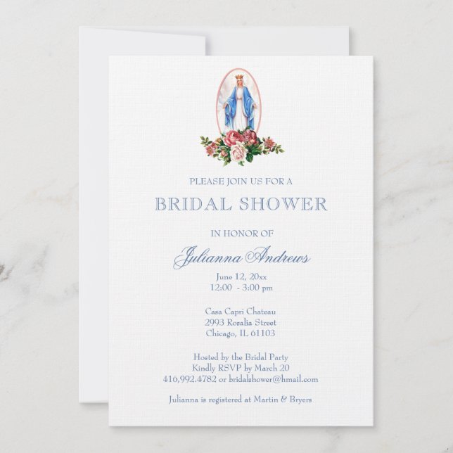 Elegant Catholic Bridal Shower Blue Invitation (Front)