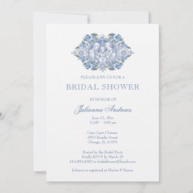 Elegant Catholic Bridal Shower Blue Invitation (Front)