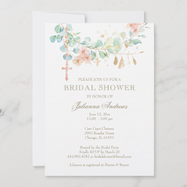 Elegant Catholic Bridal Shower Eucalyptus Invitation (Front)