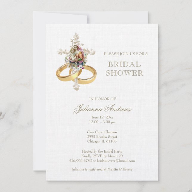 Elegant Catholic Bridal Shower Floral Gold  Invitation (Front)