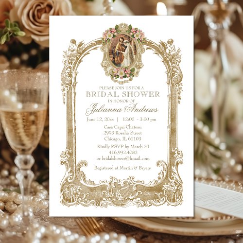 Elegant Catholic Bridal Shower Gold Floral  Invita Invitation
