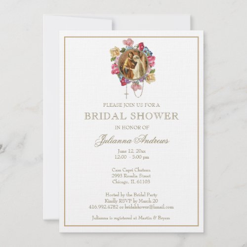 Elegant Catholic Bridal Shower Gold Floral  Invita Invitation