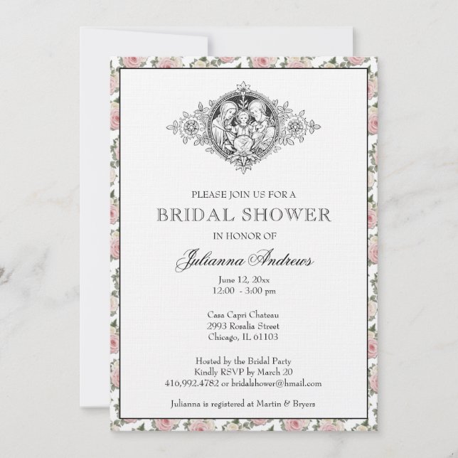 Elegant Catholic Bridal Shower Holy Family Roses Invitation (Front)
