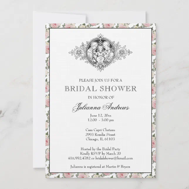 Elegant Catholic Bridal Shower Holy Family Roses Invitation | Zazzle