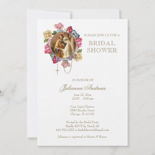 Elegant Catholic Bridal Shower Roses Rosary Invitation