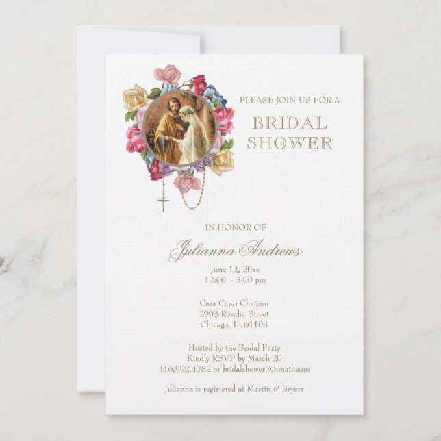 Elegant Catholic Bridal Shower Roses Rosary Invitation (Front)