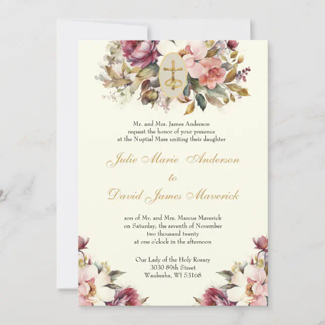 Elegant Catholic Floral Wedding and Reception Invitation | Zazzle