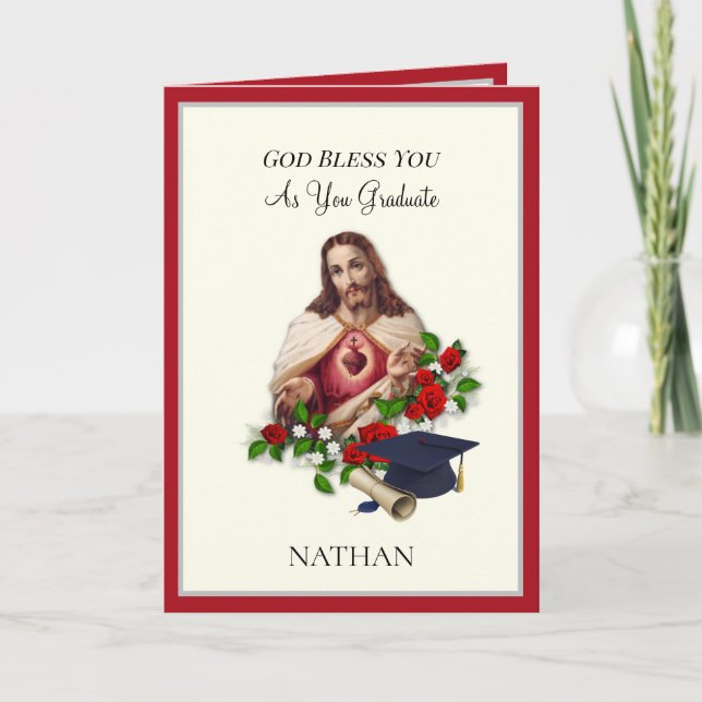 Elegant Catholic Graduation Sacred Heart Roses Car Card (Front)