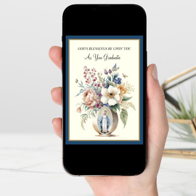 Elegant Catholic Graduation Virgin Mary Flowers  Card (Front Digital)