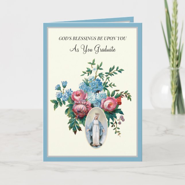 Elegant Catholic Graduation Virgin Mary Roses Card (Front)