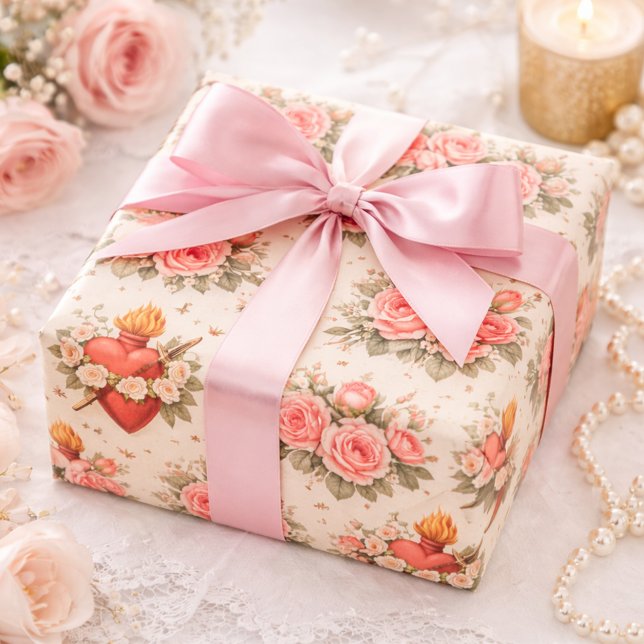 Elegant Catholic Heart of Mary Pink Roses Wrapping Paper (Creator Uploaded)