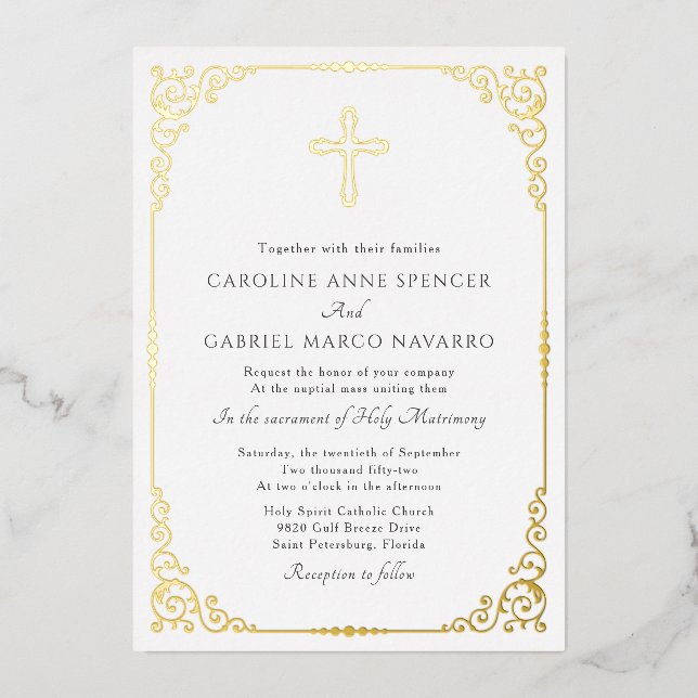 Elegant Catholic Mass Wedding Foil Invitation (Front)