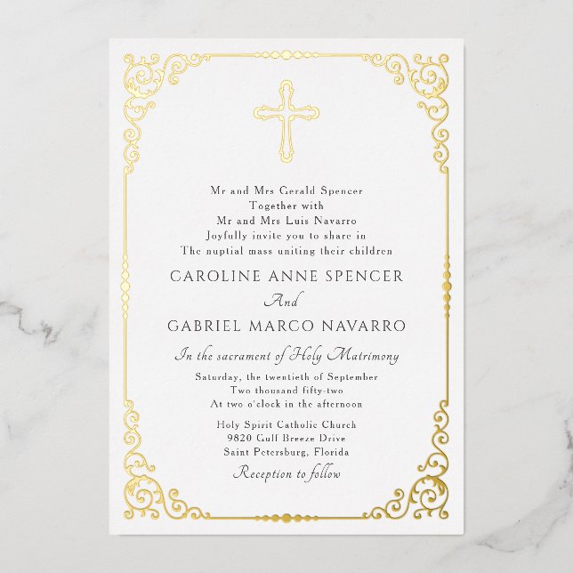 Elegant Catholic Mass Wedding Foil Invitation (Front)