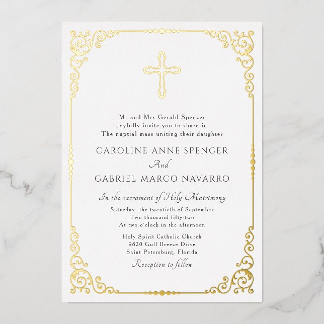 Elegant Catholic Mass Wedding Foil Invitation (Front)