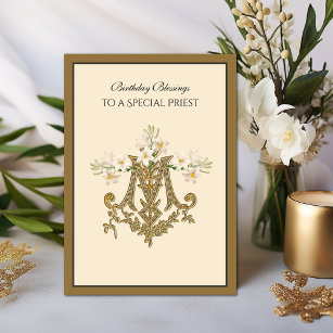 Elegant Catholic Priest Gold Marian Cross Lilies Card