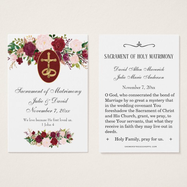 Elegant Catholic Roses Prayer Wedding Holy Card  (Front & Back)