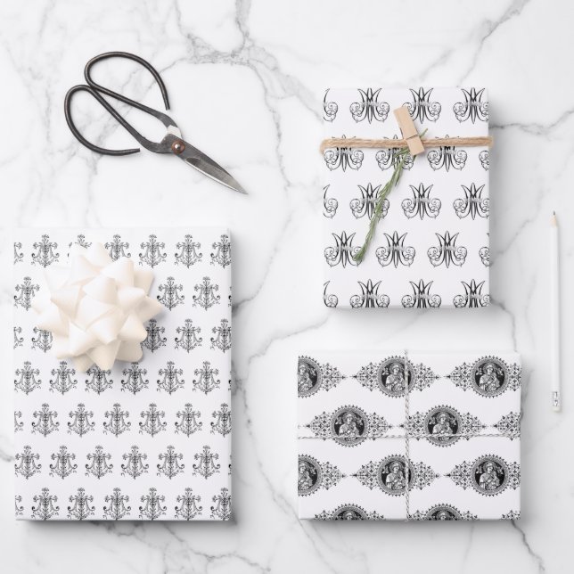 Elegant Catholic Virgin Mary Black and White  Wrapping Paper Sheets (Front)