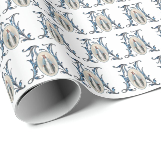 Elegant Catholic Virgin Mary Jesus Blue Religious Wrapping Paper (Roll Corner)