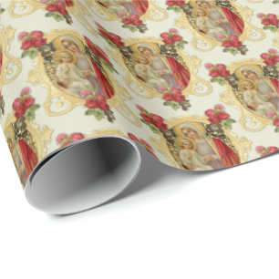Elegant Catholic Virgin Mary Jesus Red Roses  Wrap Wrapping Paper