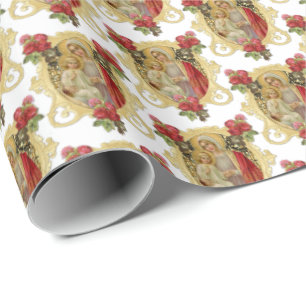 Elegant Catholic Virgin Mary Jesus Red Roses  Wrapping Paper