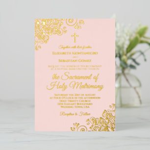 Elegant Catholic Wedding Blush Pink & Gold Foil Invitation