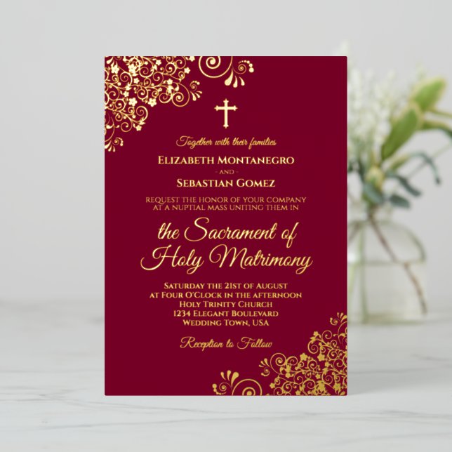 Elegant Catholic Wedding Burgundy & Gold Foil Invitation (Standing Front)